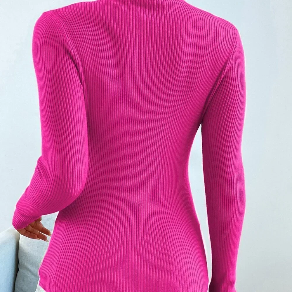 Hot Pink Casual Women's Turtleneck Ribbed Knit Long Sleeve Pullover Sweater
